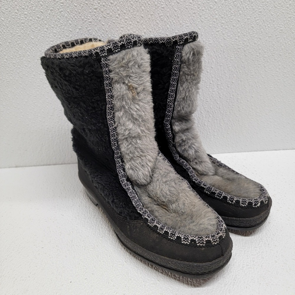 Vintage SNOWLAND Women's Faux Fur Lined Zip  Up Snow Boots Black Gray Size 5